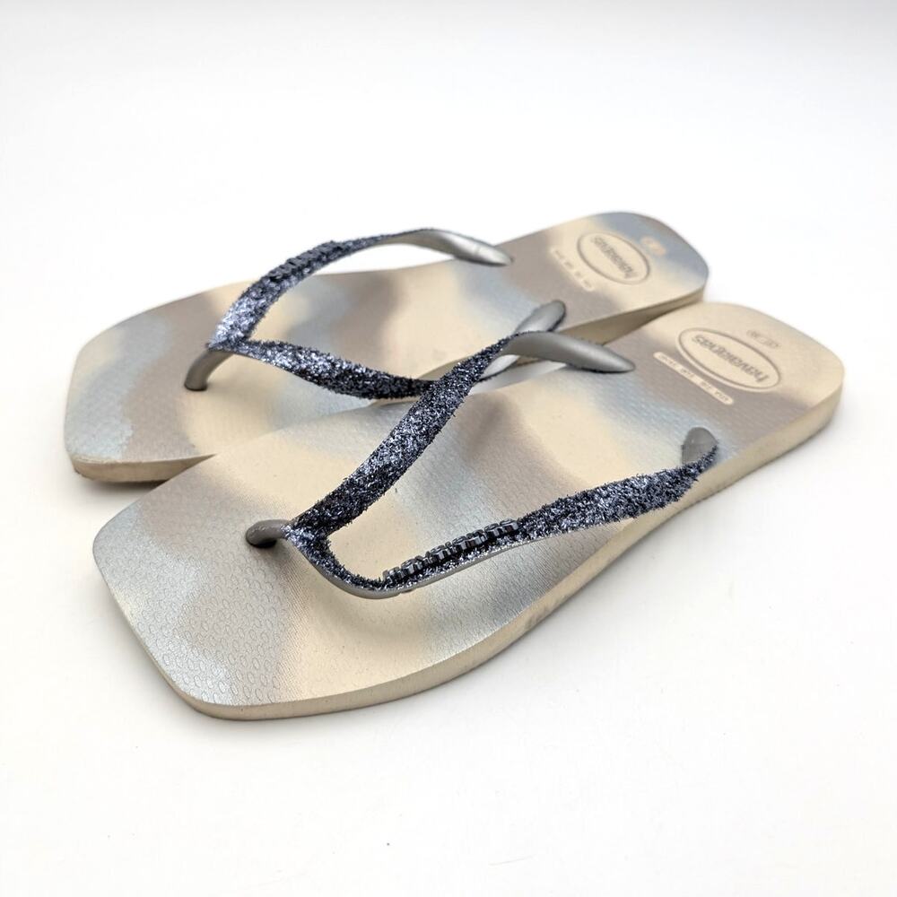 Havaianas Slim Square Glitter Flip Flop Sandals Women's Beige Size US7/8 EU39/40